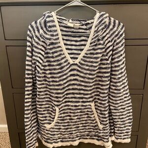 Roxy Navy and White Striped V-Neck Hoodie Sweater, size XL